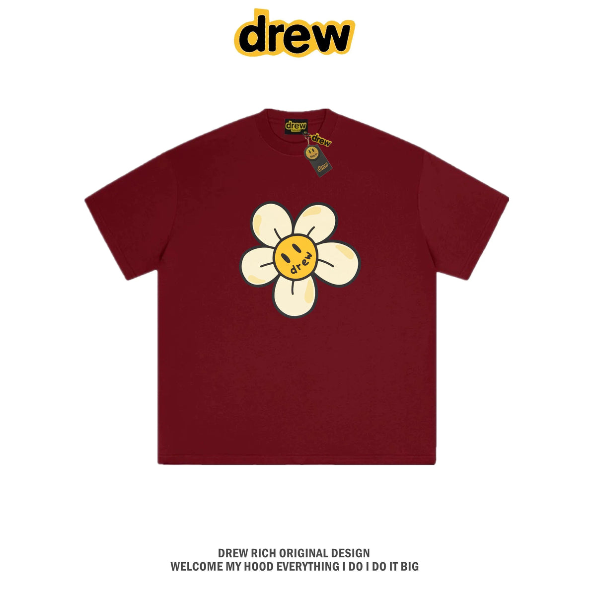 Drew House Daisy Smiley Graphic Oversized Cotton T-Shirt, Burgundy