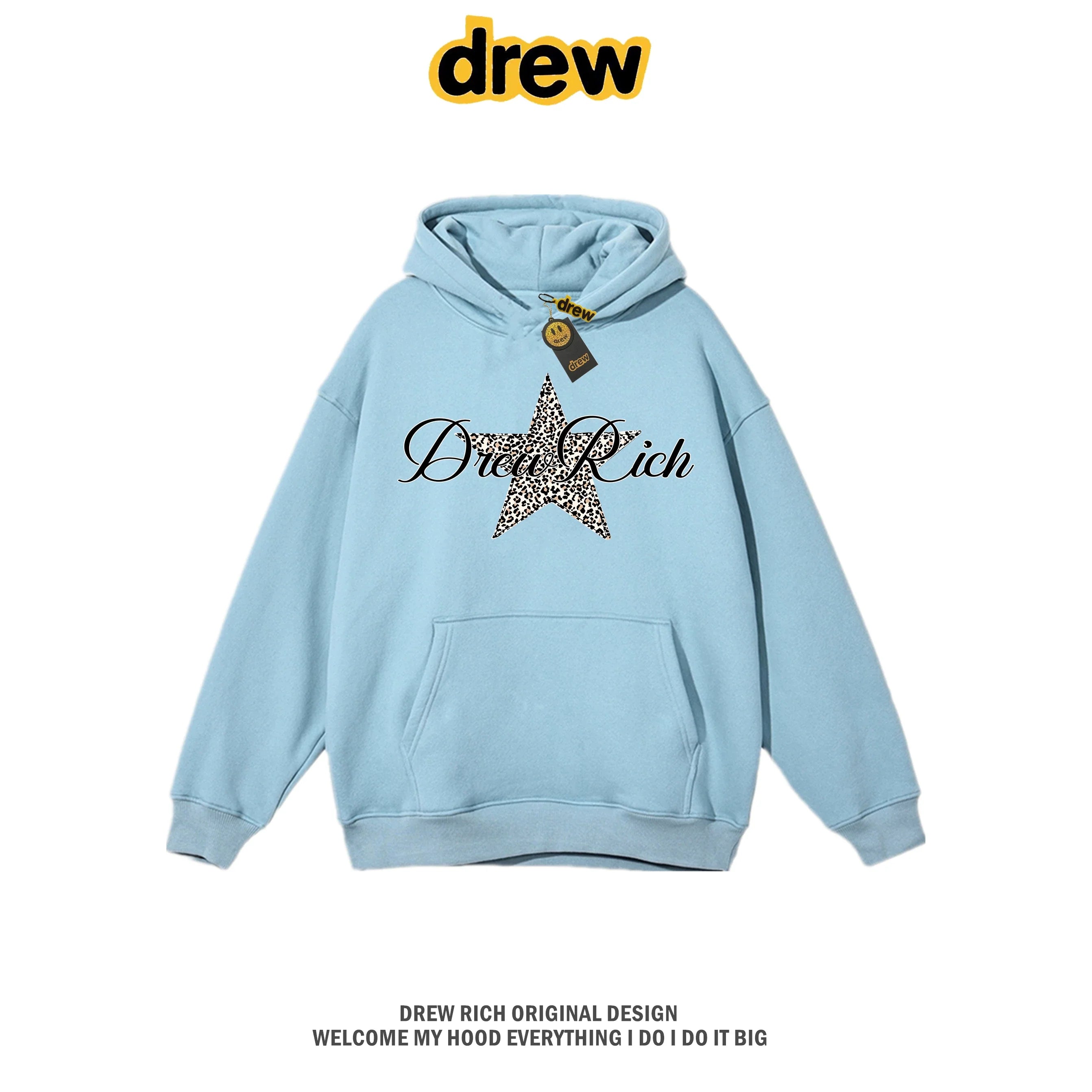 Drew Rich Light Blue Leopard Star Graphic Unisex Hooded Sweatshirt