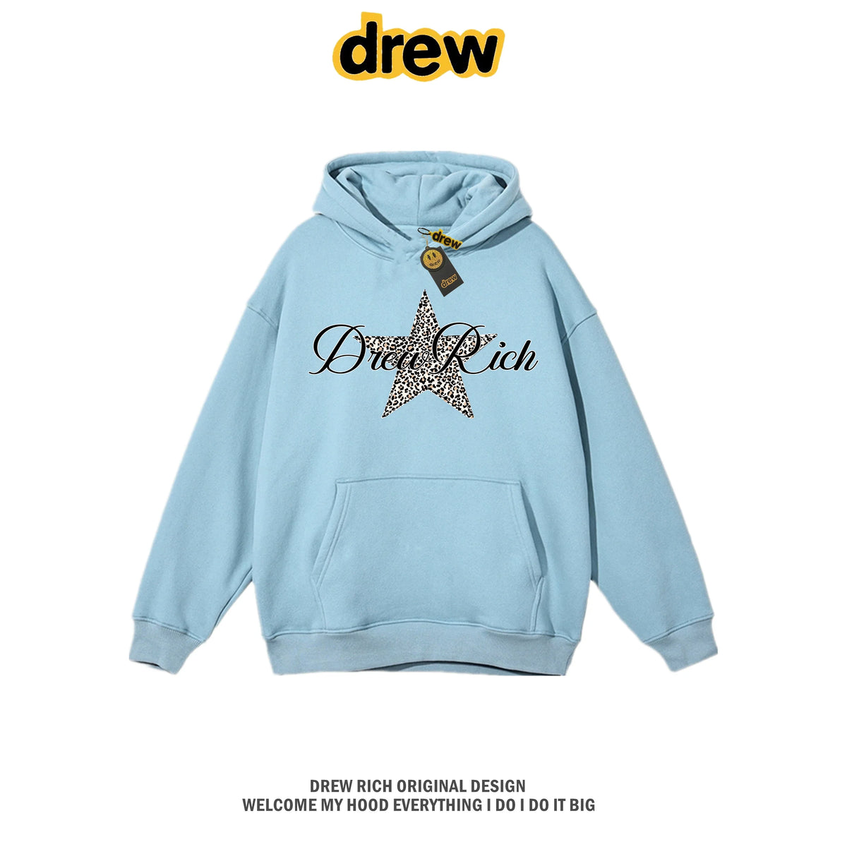 Drew Rich Light Blue Leopard Star Graphic Unisex Hooded Sweatshirt