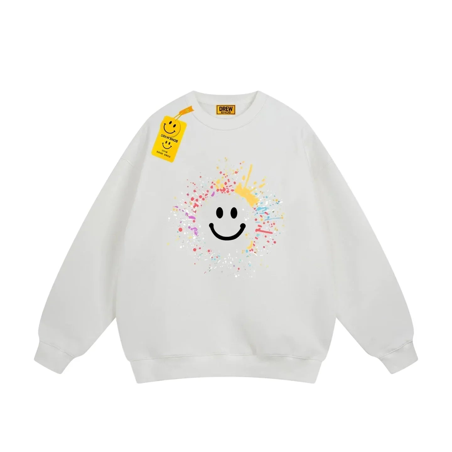 Drew White Paint-Splatter Smiley Relaxed-Fit Crewneck Sweatshirt